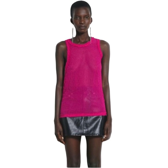 new Helmut Lang ψ Grid Chiffon Asymmetrical Top ψ Fuchsia Hot Pink ψ Large ψ - Picture 15 of 16